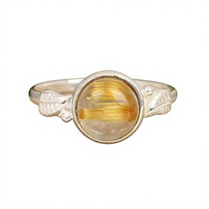 Bague de fiançailles pour femme en argent sterling 925 massif de haute qualité, 10 mm, avec cabochon en rutile doré naturel, sertissage clos, style designer - Product Image 1
