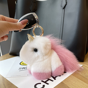 Porte-clés <span class=keywords><strong>Licorne</strong></span> de Luxe en Véritable Fourrure de Lapin Rex, Porte-clés Poney Moelleux, Porte-clés Animal en Peluche pour Sac à Dos, Cadeau d'Anniversaire pour Femme - Product Image 3