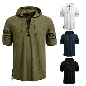 T-shirt à capuche à manches longues de couleur unie pour homme, style décontracté, streetwear, pull rétro, coupe ample - Product Image 2