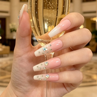 En gros, Faux ongles à presser longs forme cercueil, avec strass papillon 3D, dégradé rose nude, réutilisables, ensemble
