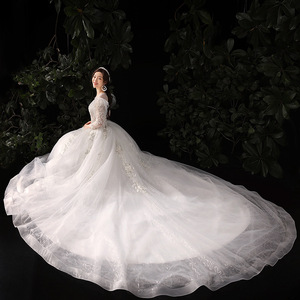 Lace Train Lightweight Wedding Dress High Waist O Neck White Simple Elegant Bridal Gown for Petite Figures - Product Image 3