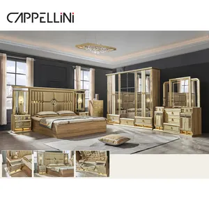 Turkish Classic Design Royal Bedroom Set Furniture Gold Wooden King Size Bed Room Luxury Full Mdf Bedroom Furniture Set