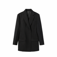 Veste de costume pour femme, noire, unie, en tissu peigné, mi-longue, à un bouton, coupe ajustée, col cranté, broderie à la main, blazer long pour le bureau