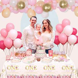 Modern Floral 1st Birthday Party Tableware Set for Baby Girls Onederful Dinnerware & <b>Tablecloth</b> Serving 24 Guests - Product Image 2