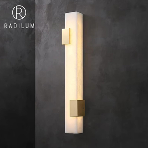 Modern Linear Alabaster <b>Wall</b> Sconce Luxury Brass Lamp for Bedroom Bedside Living Room LED Designer Architectural Stone Decor - Product Image 1