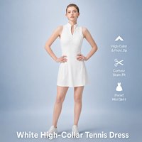 Robe de tennis blanche pour femme, col montant, sans manches, fermeture éclair avant, coutures de contour, coupe évasée mini trapèze, vente en gros, usine OEM