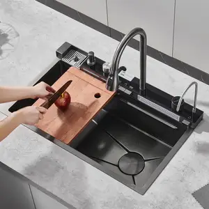 Luxury Modern Kitchen Sink Hidden Black 304 Stainless Steel Single Bowl Waterfall Multifunction Smart Kitchen Sink