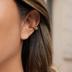 Golden Double Hoop <b>Cuff</b> <b>Earrings</b> Geometric Design For Women Non-Pierced <b>Ear</b> Clips Light Luxury Jewelry - Product Image 2