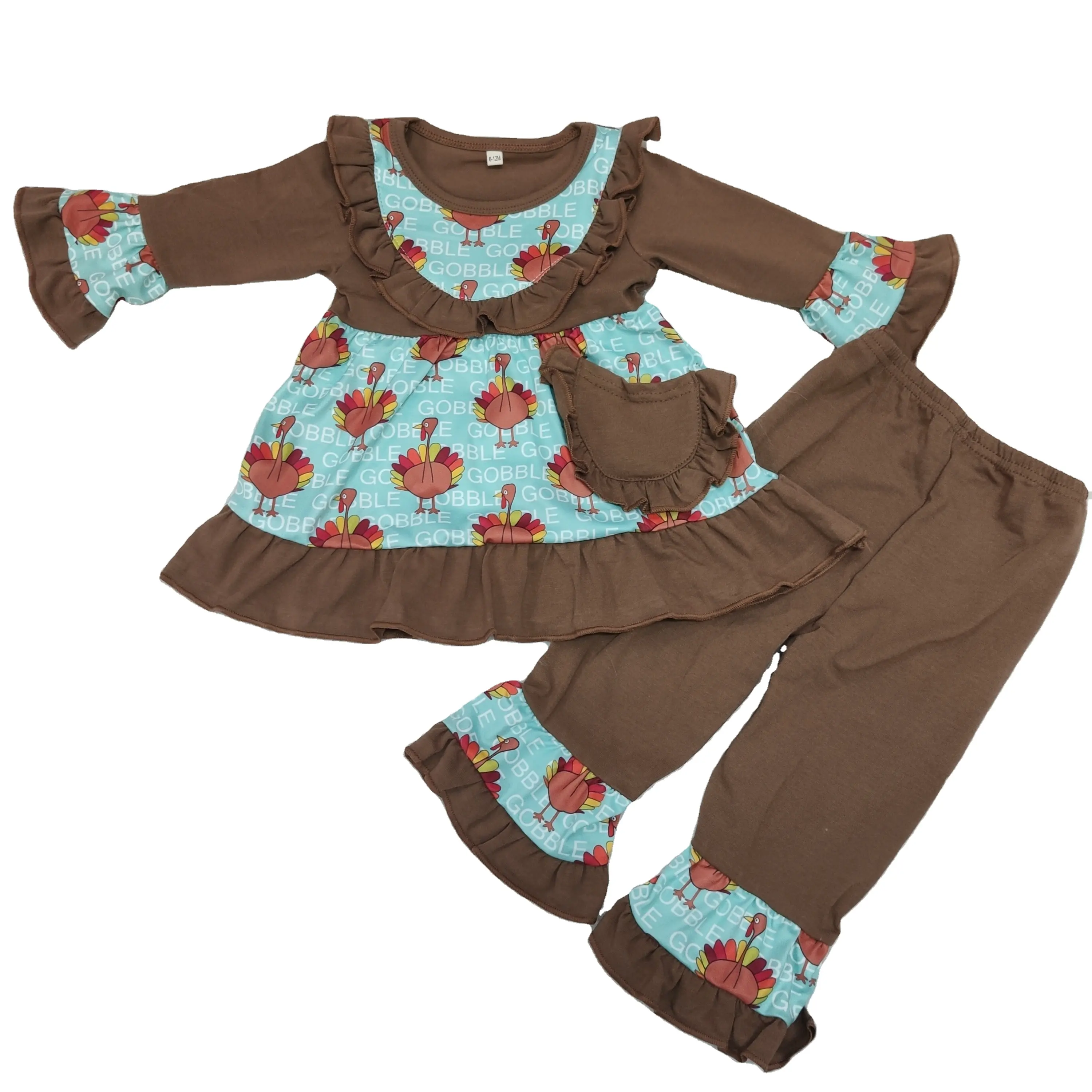 Winter girl turkey tunic pocket match brown pants set wholesale RTS NO MOQ kid child high quality boutique children's clothing