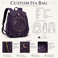 Mochila Mística Tipo Capa Ita de Cuero PU Morado Oscuro con Bordado de Estrellas y Luna, Capa con Volantes y Ventana Circular