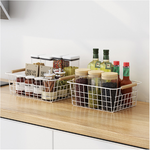 Witte draadmanden met houten handvatten, set van 2, voor kast, voorraadkast, slaapkamer en opbergruimte - Product Image 2