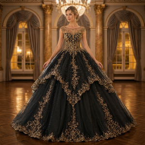Robe de mariée de bal noire avec appliques dorées brodées, longueur ras du sol, sans manches, décolleté cœur, traîne chapelle, style vintage - Product Image 3