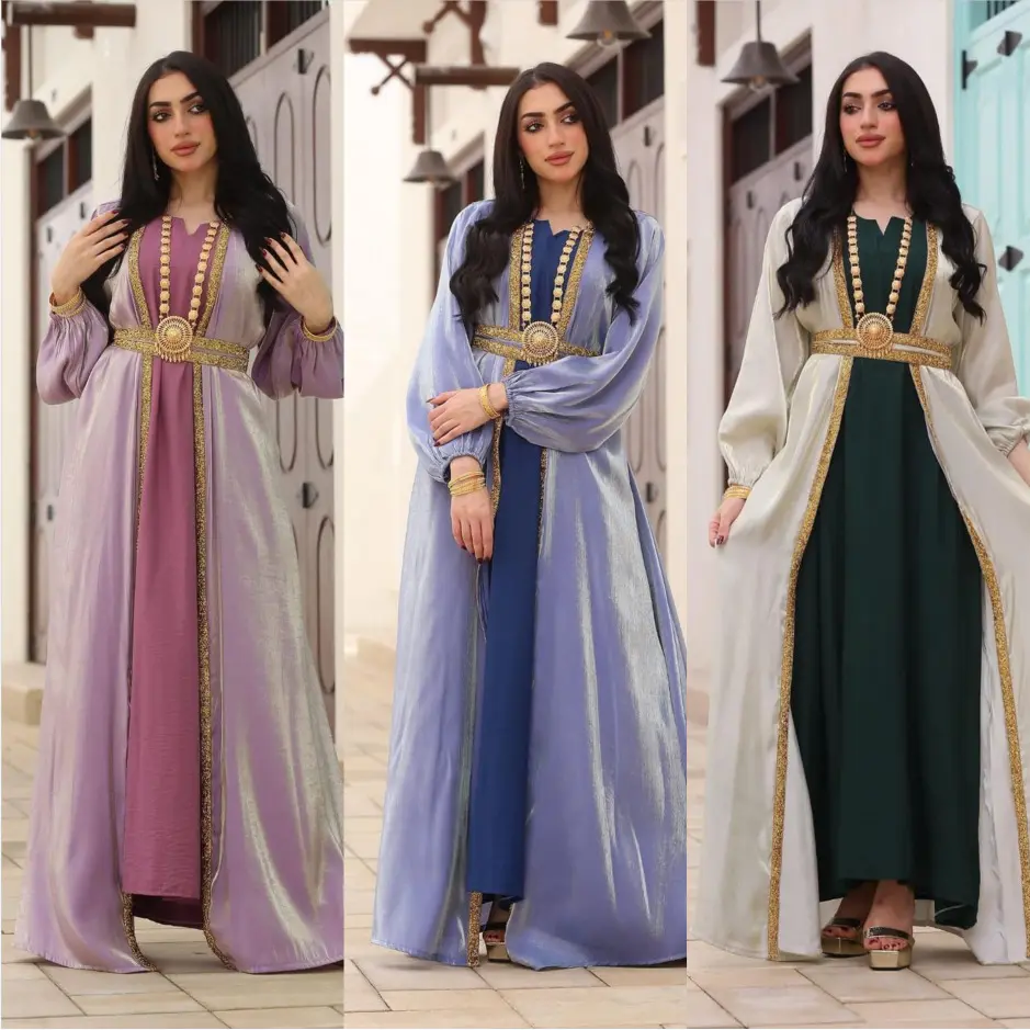 שמלה צנועה שמלת נשים מוסלמית אבאיה סט 3 חלקים 3 צבע אחיד שרוול מלא נדנדה גדולה מסיבת קו A מקסי קפטן שמלה ארוכה