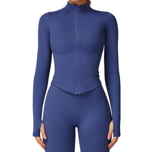 DWT7725 Veste de yoga pour femme à col montant, couleur unie, fermeture éclair, manches longues, coupe ajustée, séchage rapide, haut de sport d'extérieur - Product Image 1