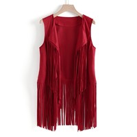 Veste sans manches en daim pour femme, gilet long à franges, veste de cowgirl vintage, costume hippie