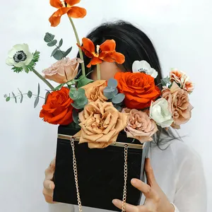 便携式绳纯色可折叠花盒时尚花手提包带链花花束包装袋