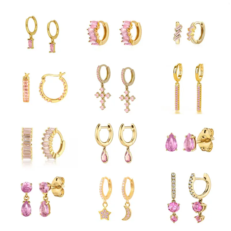S925 Silver Needle Best Selling Ins Pink Earring Actress Moon Cross Geometric Sweet Women Jewelry Stud Hoop Earring Set