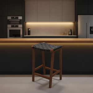 Tabouret de bar James Mid Century Modern en cuir véritable noir, 24,5 pouces, siège tissé, base en bois - Product Image 2