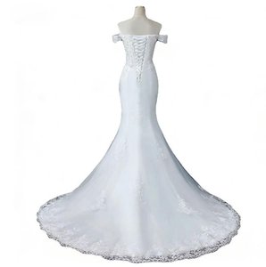 Nouvelle <span class=keywords><strong>Robe</strong></span> <span class=keywords><strong>de</strong></span> <span class=keywords><strong>Mariée</strong></span> Sirène Sexy et Élégante à Col Bateau, Manches Courtes, Dentelle Appliquée, Épaules Dénudées, Laçage, Personnalisable - Product Image 5