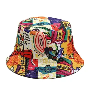 Custom Flat Top Brim Travel Fishing Sun Hats Outdoor Sports Printed Reversible Bucket Hats For Unisex