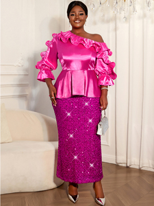 ATP051024-ASK051025 Set Estivo da Donna con Top Asimmetrico Monospalla con Volant e Gonna Aderente con Paillettes - Product Image 1