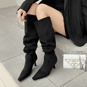 Bottes hautes à bout pointu, tige souple, talon aiguille, en daim, fermeture éclair latérale, chaussures élégantes pour femmes - Product Image 2