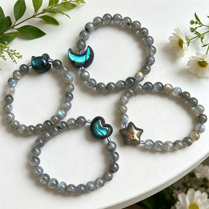 Pulsera de Labradorita Natural con Destellos Intensos, Dijes Tallados de Corazón/Luna/<span class=keywords><strong>Estrella</strong></span>/Cabeza de Gato, Pulsera Elástica de Cristal Curativo, Regalo de Joyería - Product Image 4