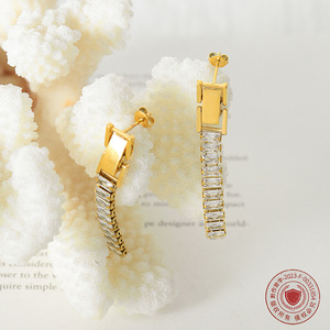 E0325 Fashion Designer 18k Gold Plated Statement Earring <strong>Jewelry</strong> Women <strong>Stainless</strong> <strong>Steel</strong> Long Zircon Pendant Earrings - Product Image 4