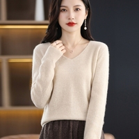 Suéter de Punto sin Costuras 100% Lana Pura para Mujer, Primavera 2026, Cuello en V, Color Sólido, Estilo Coreano, Manga Larga