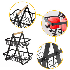 Metal Double Layer Fruit <b>Basket</b> With Wooden Handle Durable Storage Rack For Kitchen Living Room Black And White - Product Image 3