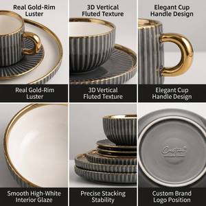 Vajilla de Cerámica de Lujo Nórdica con Borde Dorado, Vajilla de Porcelana Acanalada <span class=keywords><strong>para</strong></span> Restaurante, Hotel, Boda, Comedor Moderno - Product Image 5