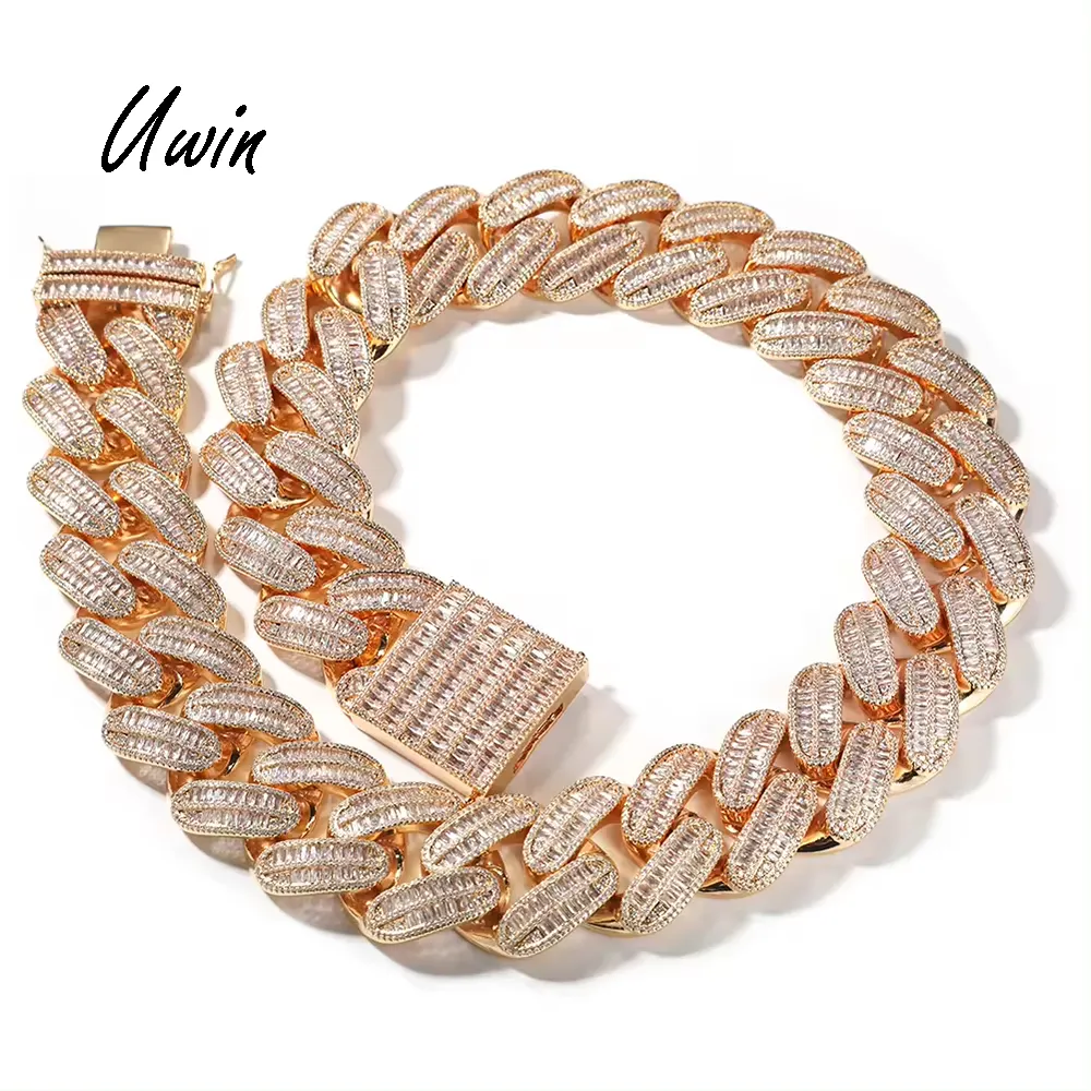 Iced Out Baguette 40mm Large Hip Hop Miami Cuban Link Chain 18K Gold Plated Prong Necklace Women Men Jewelry
