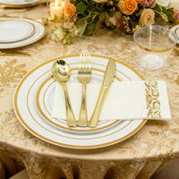 Ensemble de vaisselle jetable dorée pour 100 invités, comprenant des assiettes en plastique, des serviettes, des couverts, des gobelets dorés - Sans BPA, pour les fêtes et les mariages