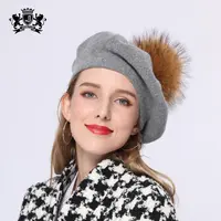 Lady Classical Angora Beret Fur pom pom hat Wholesale Fashion Beanie With Real Raccoon Fur Pompom