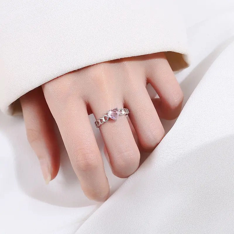 S925 cincin perak murni mode tetesan air wanita mewah ringan cincin hati persik lucu temperamen bentuk hati merah muda karbo tinggi