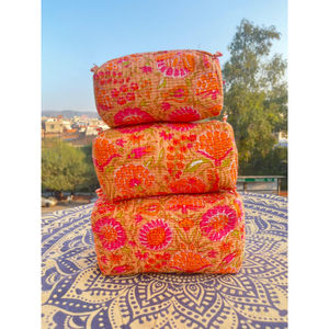 Handmade Quilted Cosmetic Travel Organizer Floral Block Printed Cotton Makeup Bag Set 3 Pieces <b>Toiletry</b> Cosmetic Bags And Cases - Product Image 1
