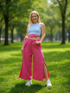 Pantalones Culottes de Cintura Alta, Largos hasta el Tobillo, Corte Holgado, con Cordón Ajustable, Deportivos, de Color Sólido, Tejidos en Spandex y Poliéster, para Verano - Product Image 2