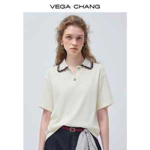 <span class=keywords><strong>Camiseta</strong></span> de Mujer VEGA CHANG, Corte Holgado, Cuello de <span class=keywords><strong>Crochet</strong></span>, Color Crema Blanco, Manga Corta, Cierre de Botones, Estilo Casual con Ribete de Encaje - Product Image 4