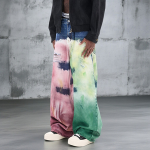 Jeans décontractés et amples, nouvelle tendance, marque, coupe droite, design graffiti à l'encre aquarelle et délavé à l'eau de Javel, avec trous - Product Image 4