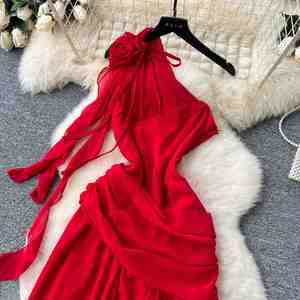 Vestido Midi Plisado Transpirable de Verano con Hombro Descubierto Asimétrico y Encaje 3D para Mujer - Product Image 4