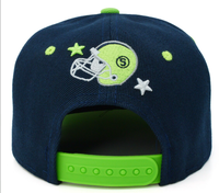 Casquette Snapback Personnalisée avec Broderie 3D SS26 Seattle, Nouveau Design, Casque de Football SEA, Vert Lime et Bleu Marine, Équipe de Football Urbaine
