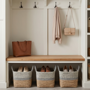 Two-Tone Woven Seagrass <b>Storage</b> <b>Basket</b> with Handles, Square <b>Wicker</b> <b>Shelf</b> Organizer Bin for Closet and Living Room - Product Image 6