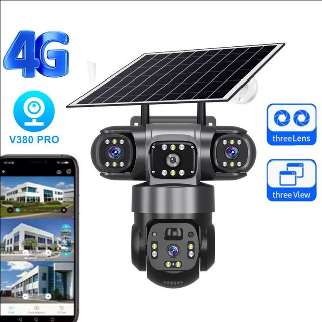 Triple Lens 3 Screen 360° Wireless Smart WiFi/4G Solar Security Camera, Bullet PTZ Integrated Monitoring Camera