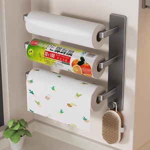 Kitchen Paper Towel Holder Cling Film Storage Rack Wall Mounted No Drill Multi Function Kitchen Organizer Spear Gray Iron - Product Image 1