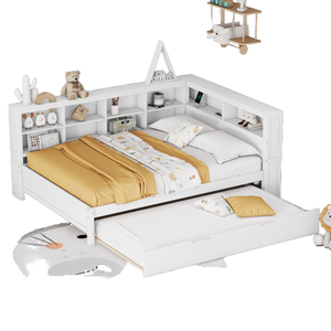 Modern Solid Wood Full Size Bed with Twin Size <strong>Trundle</strong> <strong>DayBed</strong> with Storage Shelf and USB Charging Ports White - Product Image 1