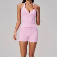 GH Ensemble de yoga et de sport d'extérieur pour femme grande taille, haute qualité, avec short à séchage rapide, col halter en V, coupe ajustée, effet push-up fessier et contrôle du ventre