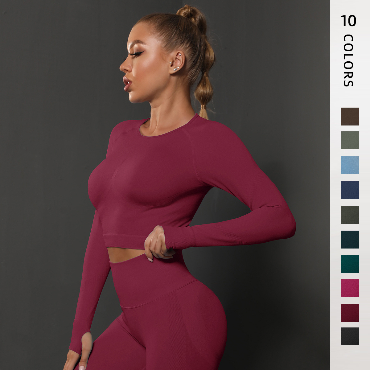 Seamless Solid Color Pleated Workout Sports Long-sleeved T-Shirt High Elastic Breathable Running Fitness Yoga Gym Cropped Top