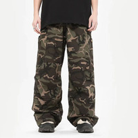 Celana Cargo Kasual Pria Gaya High Street Motif Camo, Pinggang Tinggi, Kancing Depan, Model Hip Hop, Bahan Katun Longgar untuk Kerja