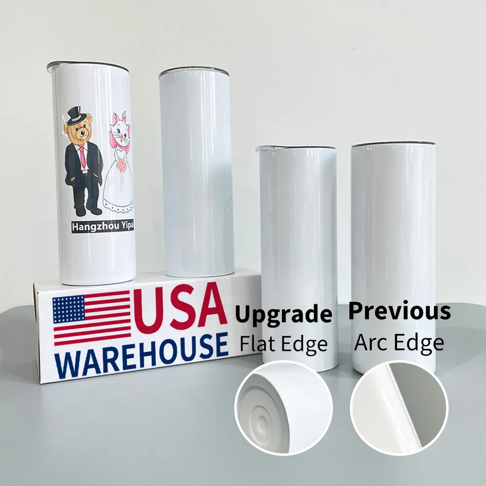 RTS USA new white 20oz flat edge Slim Stainless steel Water beer coffee travel Skinny DIY Sublimation arc straight tumbler