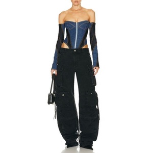 OOTD Prix Bas Haute Qualité Automne Personnalisé Body en Jean Manches Longues 100% Coton Denim Sexy Body Asymétrique à Une Épaule - Product Image 4